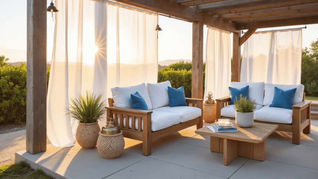 "Coastal terrace at sunset with teak furniture, blue and white cushions, macrame planters, and a draped pergola under soft golden light"