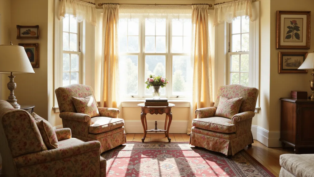 "Sunlit cottage living room with floral armchair, antique lamp, vintage rugs, botanical prints, and a side table with fresh flowers"