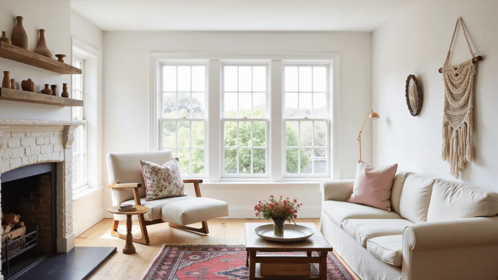"Cottagecore living room with soft sunlight streaming through mullioned windows, a cream linen sofa and vintage armchair, dried flowers, macrame wall hanging, Persian rug, white brick fireplace, and ceramic vases on rustic wooden shelves."