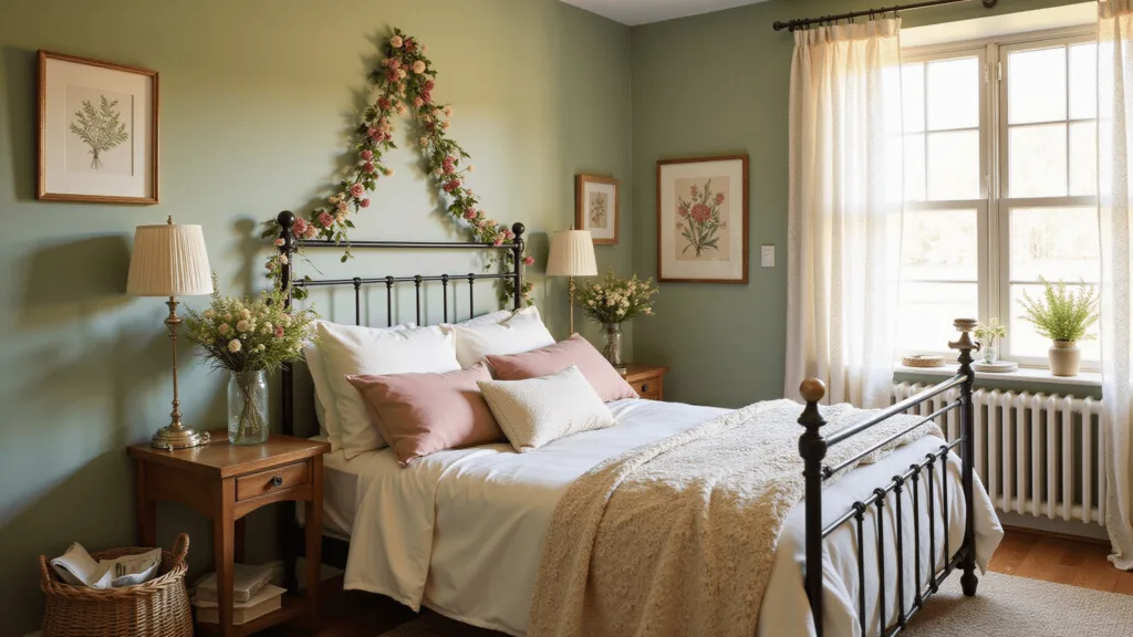 "Cottagecore bedroom with vintage iron bed, sage green walls, sunlight through lace curtains, rustic antique furniture, wildflowers, and soft fairy lights."