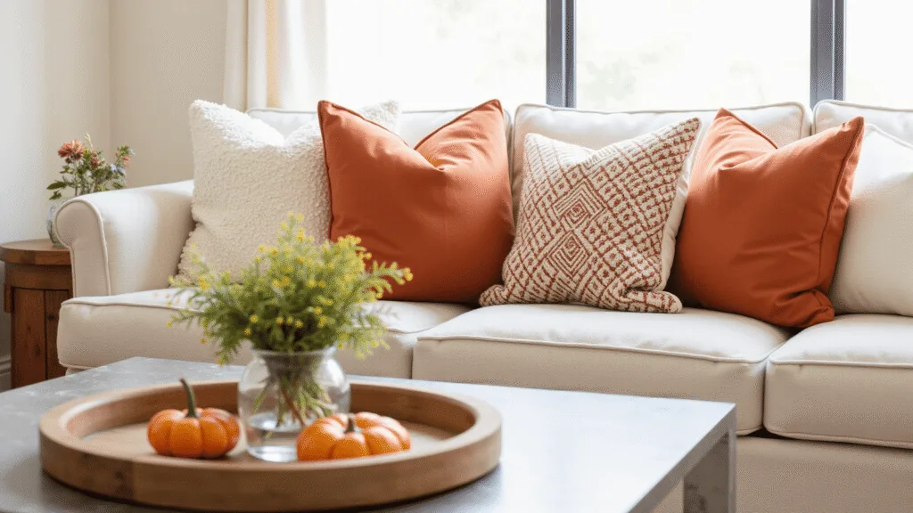 "Cozy autumn living room with burnt orange pumpkins, rust throw pillows, and warm golden light illuminating a clean background."