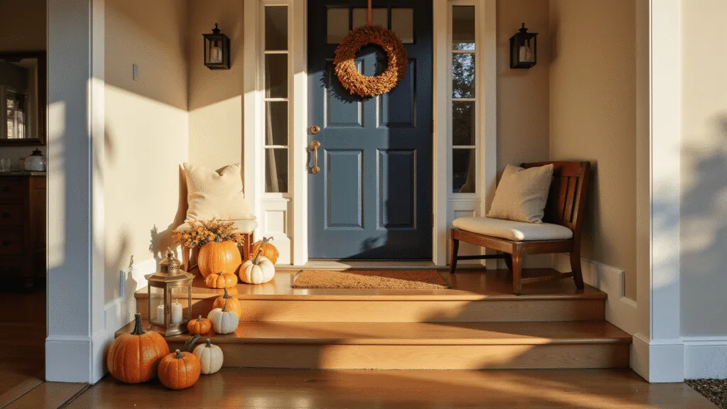 "Craftsman-style entryway during golden hour with a navy door, fall wreath, vintage bench, pumpkins on steps, and lantern"
