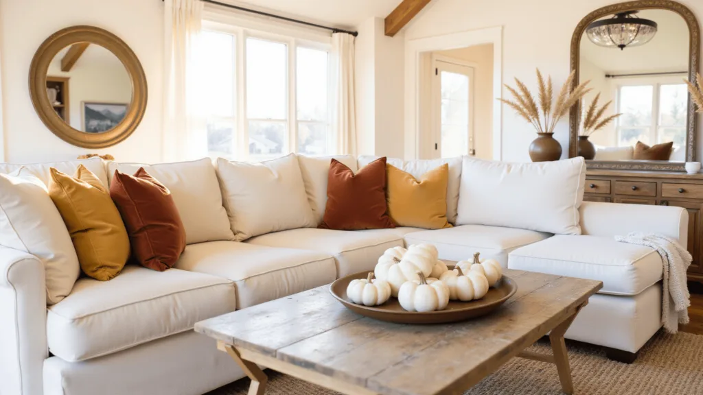 "Cozy autumn living room with cream sectional sofa, white ceramic pumpkins on coffee table, large brass mirror, and warm sunlight"