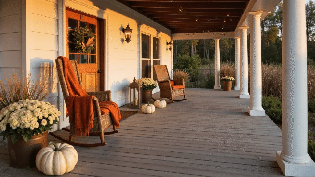 "Cozy autumn porch during golden hour with weathered wood, vintage rocking chairs, heirloom pumpkins, copper lanterns, and fall foliage decor"