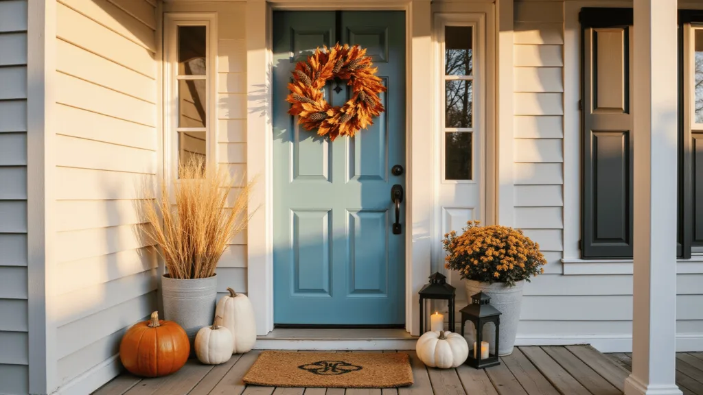 "Autumn-decorated front porch with a blue door, a handcrafted wreath, white pumpkins, black lanterns, and natural fiber doormats in golden hour sunlight"