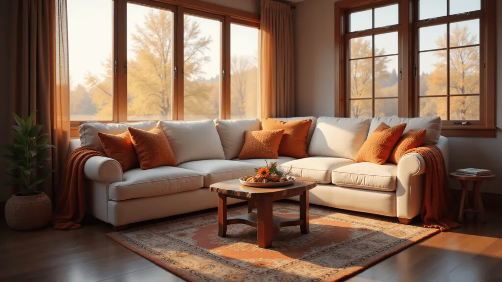"Cream sectional sofa in a cozy autumn living room with rustic coffee table, burnt orange pillows, Persian rug, and golden sunlight streaming through windows"