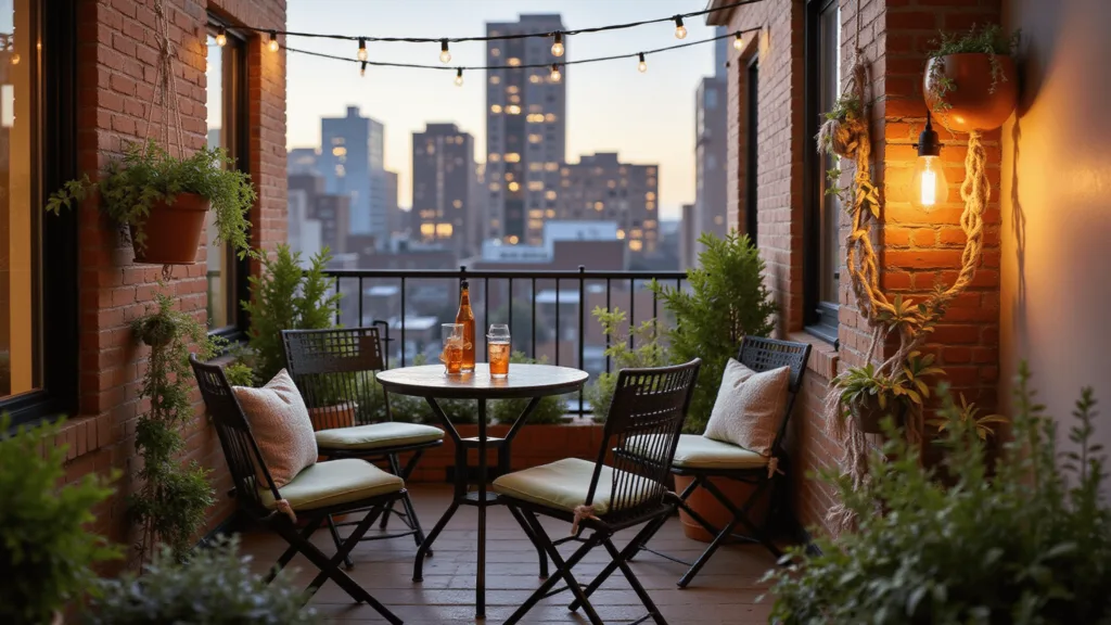 "Cozy urban balcony with bistro set, string lights and plants at golden hour"