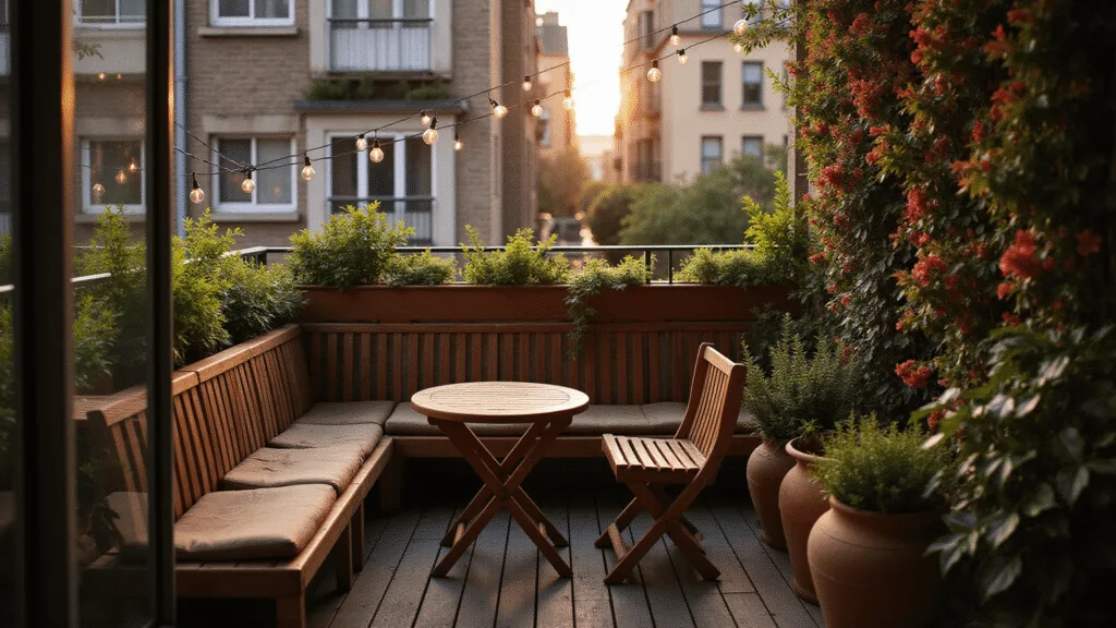 "Cozy urban balcony at sunset with teak bistro set, vertical garden, string lights, and lush greenery."