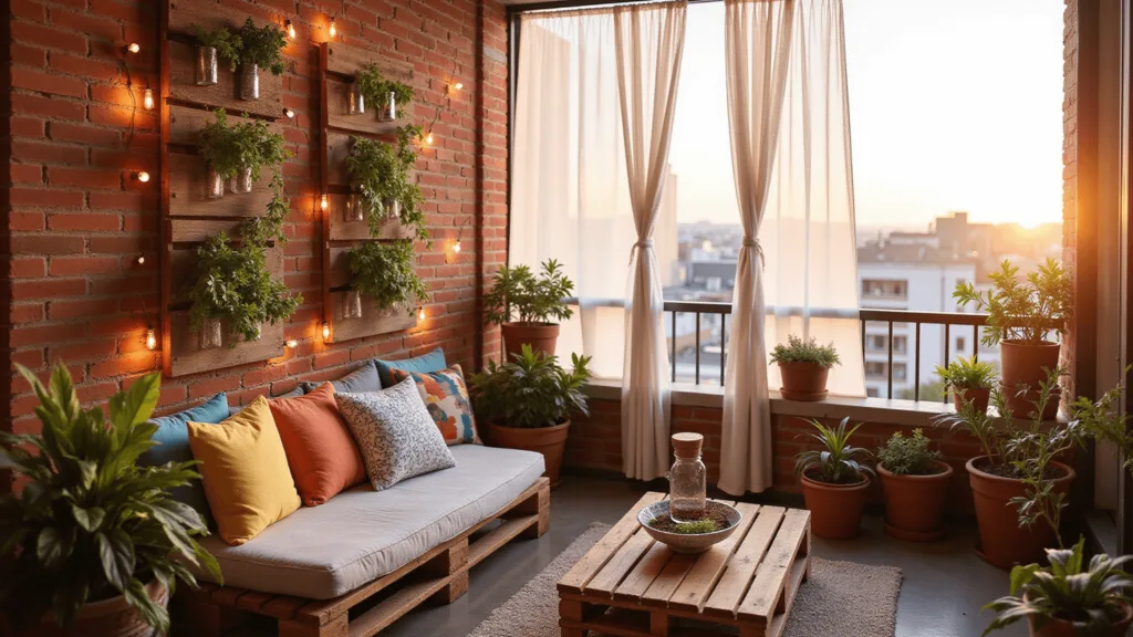 "Bohemian styled balcony with pallet seating, string lights, vertical herb garden, and warm sunset lighting"