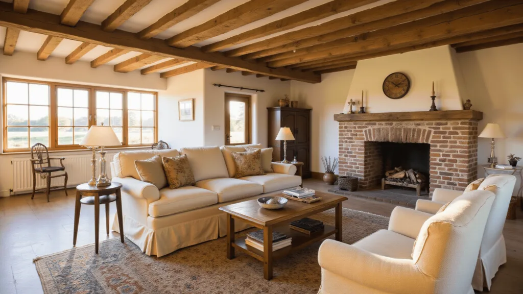 "Cream slipcovered sofa in a countryside cottage living room with exposed wooden beams, brick fireplace, vintage textiles and natural textures, bathed in the warm golden hour light streaming through the windows."
