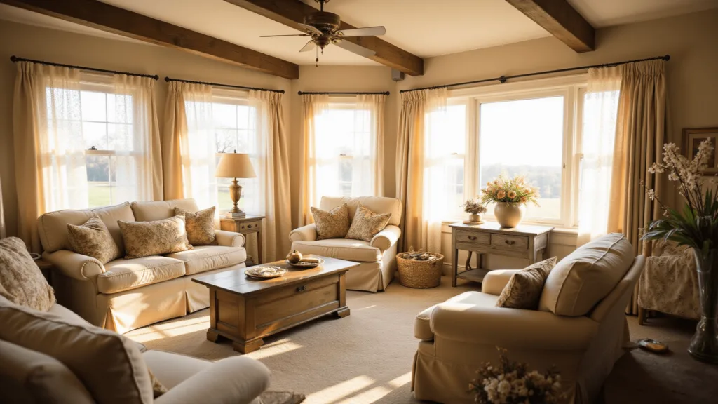 "Sunlit cozy cottage living room with cream sofa, vintage furniture, dried flowers, lace curtains and wooden beams"