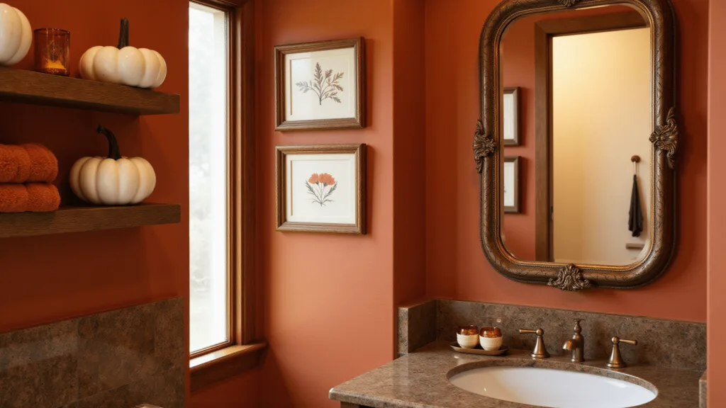 "Autumn-themed bathroom with terracotta walls, copper decorations, white ceramic pumpkins, and plush rust-colored towels in golden hour lighting"