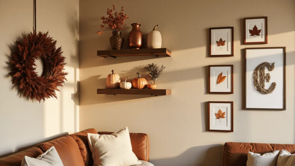 "Cozy fall living room with autumn-themed wall decor, burgundy wreath, wooden shelves with copper vessels and cream pumpkins, gallery of pressed leaves, and a twig monogram"
