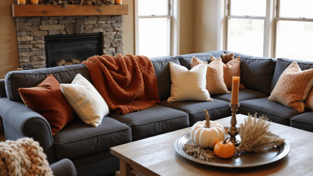 "Cozy fall-themed living room with gray sectional, rust orange and burgundy velvet pillows, caramel-toned knit throws, stone fireplace decorated with leaf garland and amber candles, and a styled coffee table with ceramic pumpkins and dried wheat arrangements."