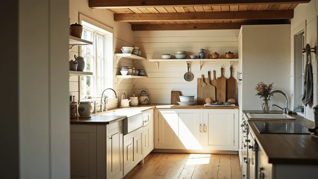 "Cozy farmhouse kitchen with white oak flooring, cream shiplap walls, exposed beams, and rustic decor basking in morning sunlight"
