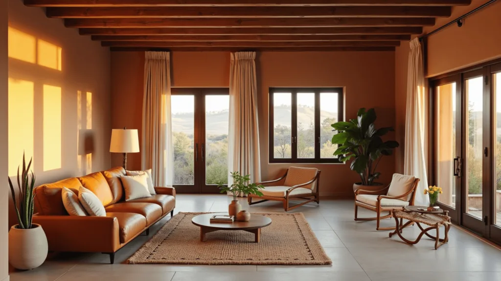 "Cozy earth-toned living room with terracotta walls and cognac leather sofa lit by warm sunset light"