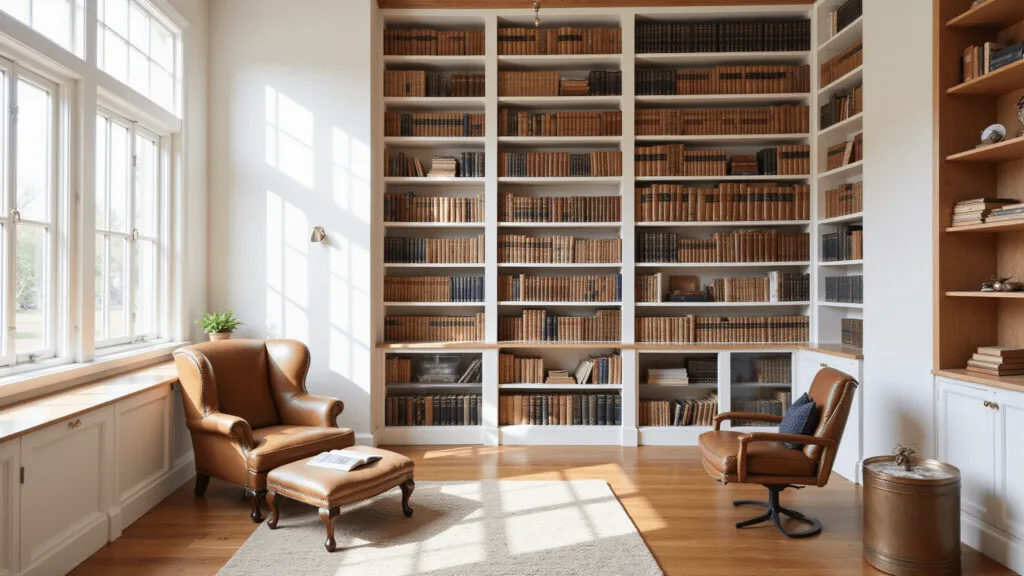 "Cozy home library with floor-to-ceiling oak shelves, vintage leather armchair, and brass accents in natural light"
