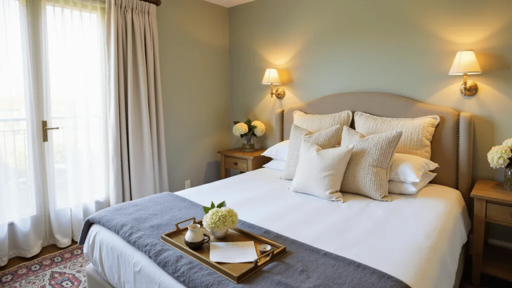 "Cozy guest bedroom with queen bed layered with grey throws, cream pillows, vintage Persian rug, oak bedside tables, brass sconces, sheer curtains and a welcoming note with chocolates on a brass tray."