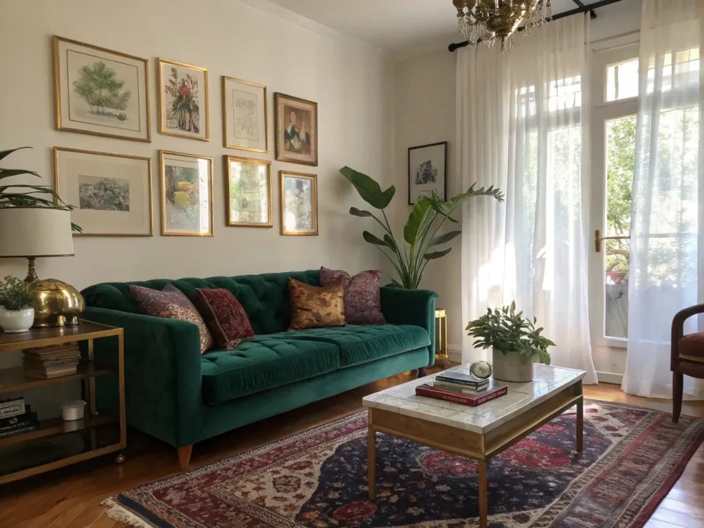 "Cozy maximalist living room with green sofa, Persian rug, Art Deco coffee table, and eclectic gallery wall during golden hour"