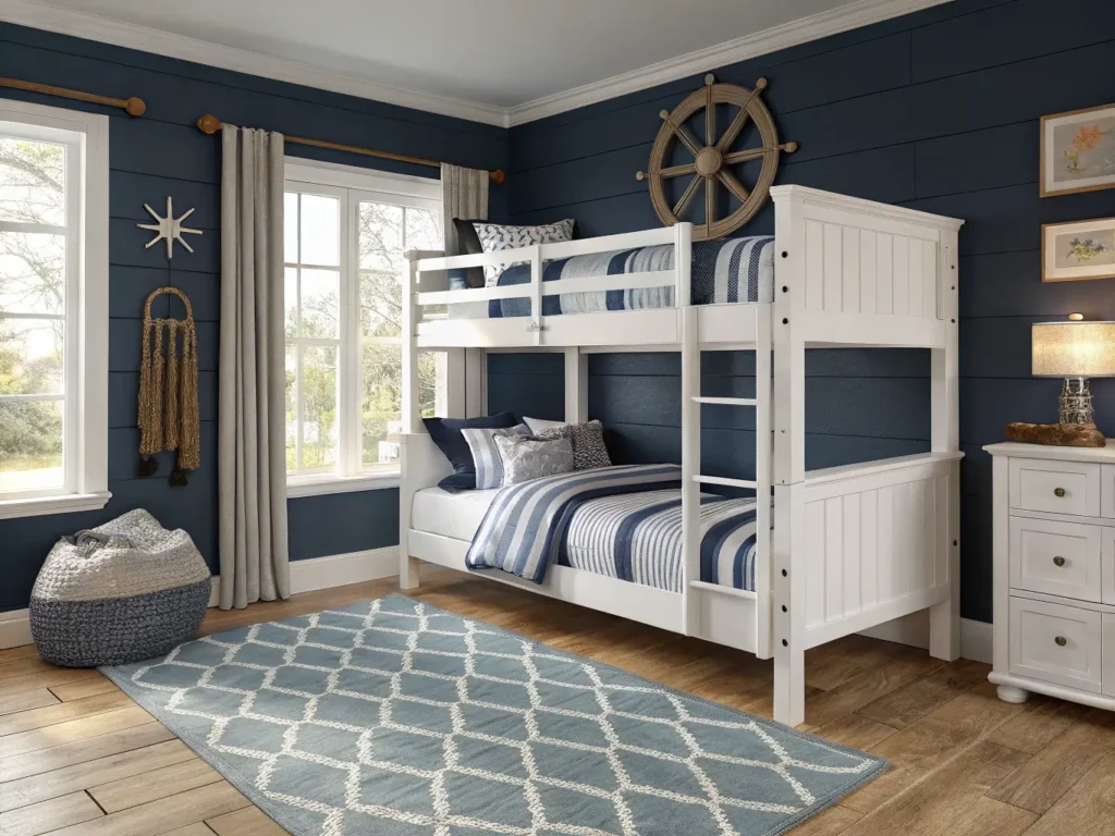"Cozy maritime-themed bunkbed room with nautical decor, large windows allowing natural sunlight, and navy wall."