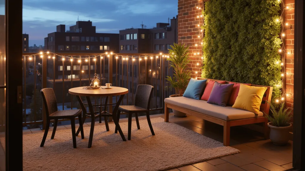 "Urban balcony with bistro set and string lights, vertical garden wall, and city skyline during golden hour"
