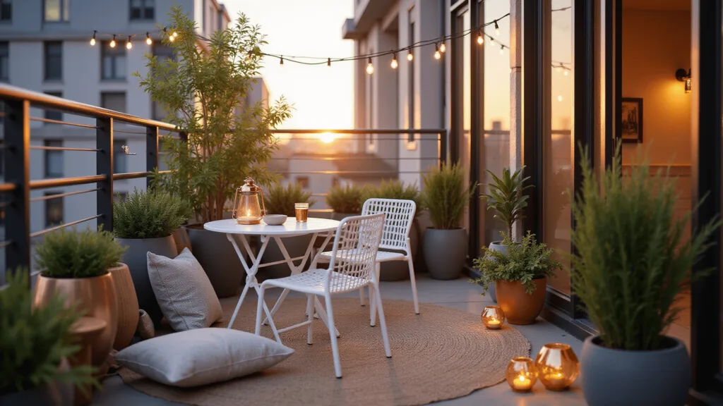 "Urban balcony retreat with bistro set, string lights, and plants at golden hour"