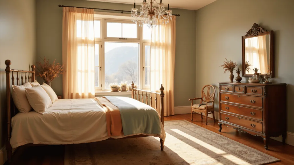 "Cozy vintage bedroom with brass bed, pastel linens, antique dresser, Persian rug and crystal chandelier bathed in golden hour sunlight."
