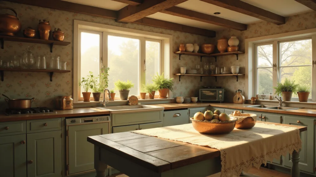 "Cozy vintage kitchen with sage cabinets, antique copper pots, floral wallpaper, depression glass, fresh herbs, and a bay window with morning light."