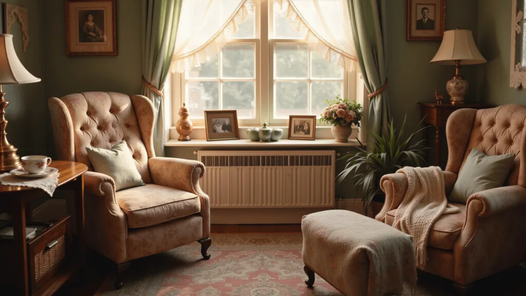 "Vintage living room with sunlit floral-patterned armchair, brass table lamp, faded Persian rug, lace curtains, sepia family photographs in brass frames, crocheted throw blankets, and antique china teacup"