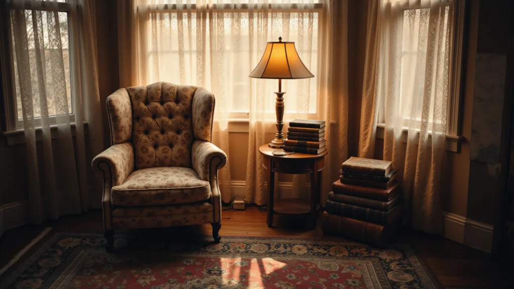 "Cozy, sunlit living room with vintage armchair, lace curtains, Persian rug, antique books and brass lamp in warm golden hour light."