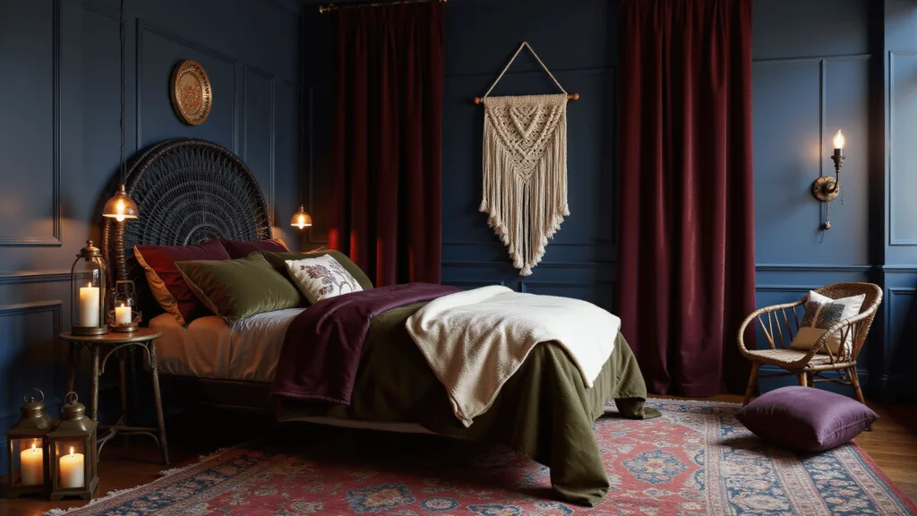 "Dark bohemian bedroom with midnight blue walls, rattan furniture, velvet curtains, macramé art, warm candlelight, Persian rugs, and jewel-toned bedding during the golden hour"