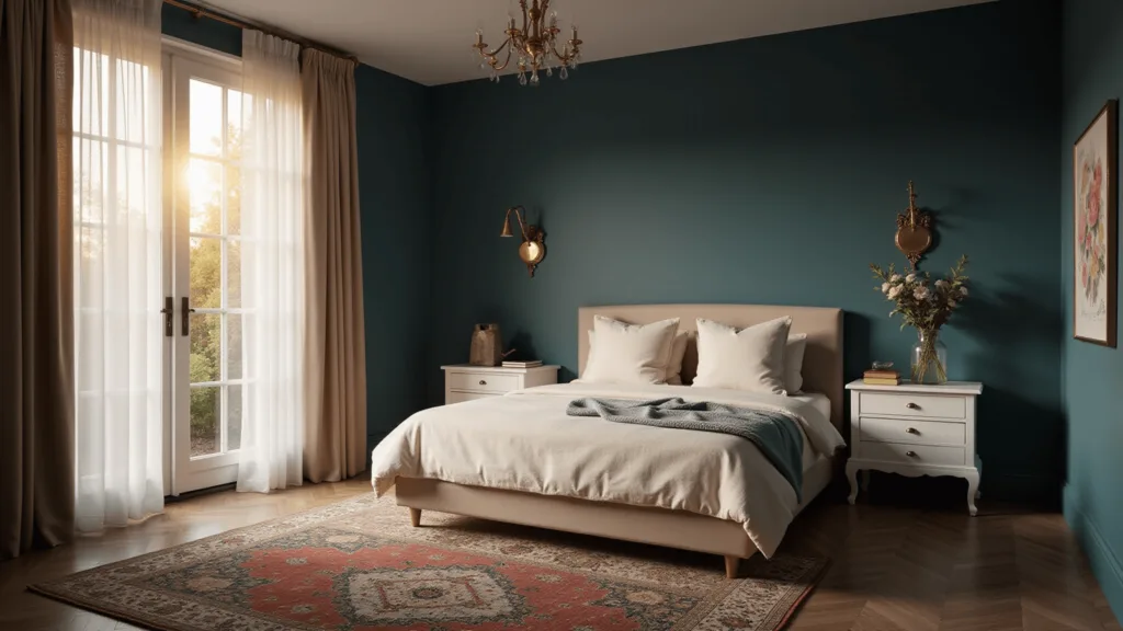 "Luxurious bedroom with dark teal walls, cream linen bedding, brass accents, white oak nightstands, Persian rug, and natural golden-hour light."
