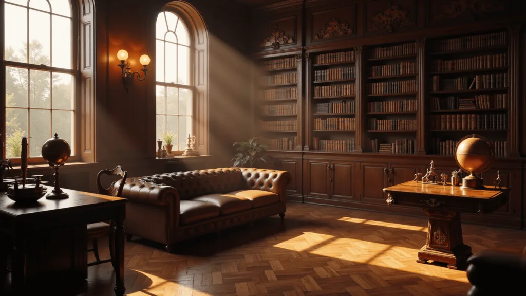 "Victorian library with mahogany bookshelves, leather Chesterfield sofa, antique desk with globes, golden hour lighting casting shadows on herringbone floors"