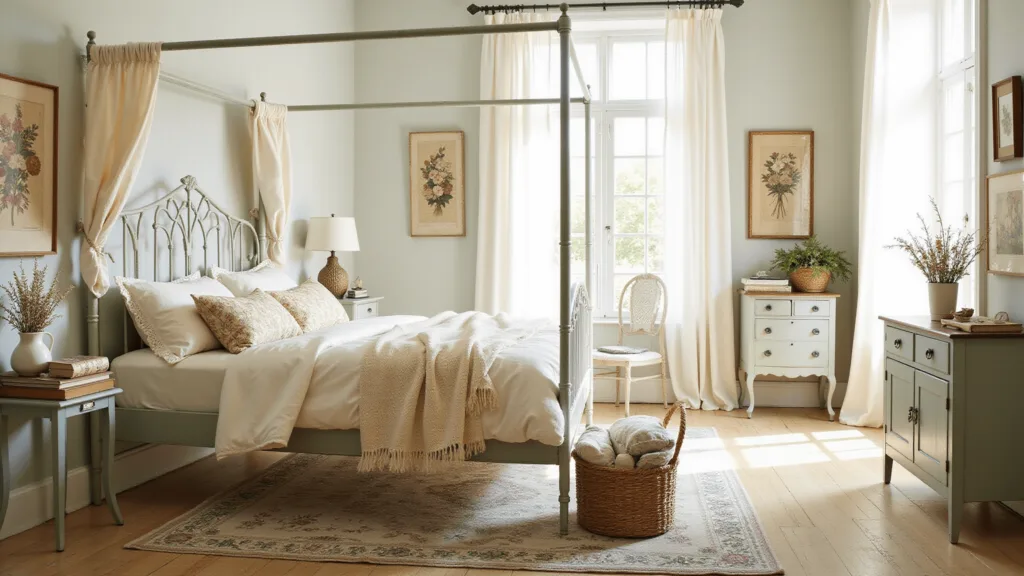 "Vintage-inspired cottagecore bedroom with a canopy bed, antique furniture, and soft morning light filtering through white curtains."