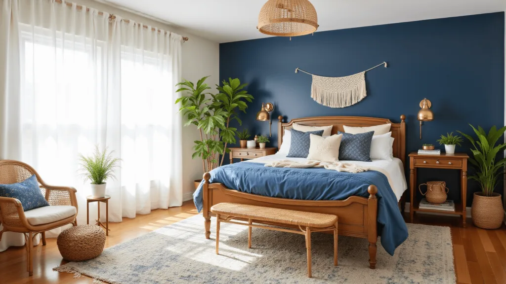"Sunlit boho bedroom with vintage wooden bed, blue and cream textiles, macramé wall art, brass lights, rattan furniture and plants against navy blue walls."