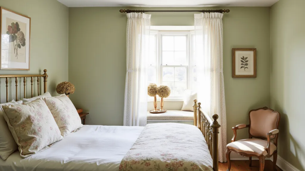 "Vintage cottagecore bedroom in morning sunlight with sage green walls, floral quilts on brass bed, billowing lace curtains, dried hydrangeas, botanical prints, and a velvet reading chair"