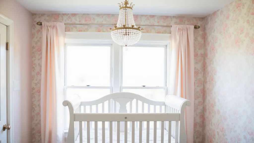 "Dreamy baby girl nursery with soft blush pink floral wallpaper, white crib, crystal chandelier, vintage decor and morning light creating an ethereal atmosphere"