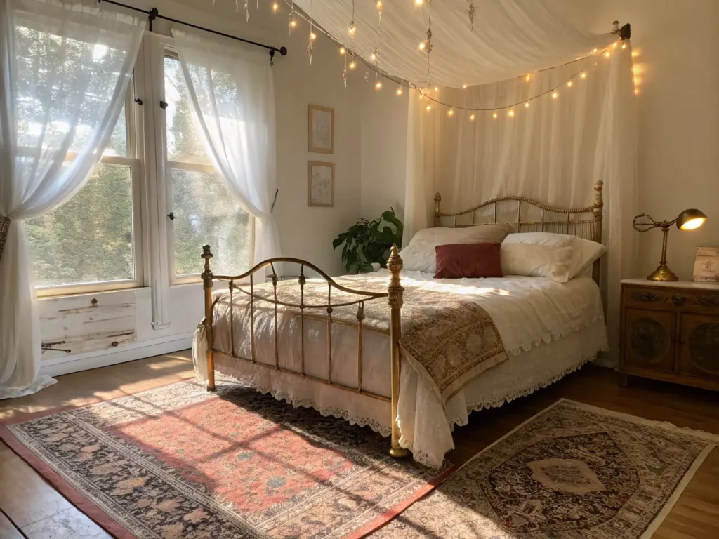 "Vintage bedroom with brass bed, layered linens, Persian rug, string lights and sheer curtains in sunset lighting"