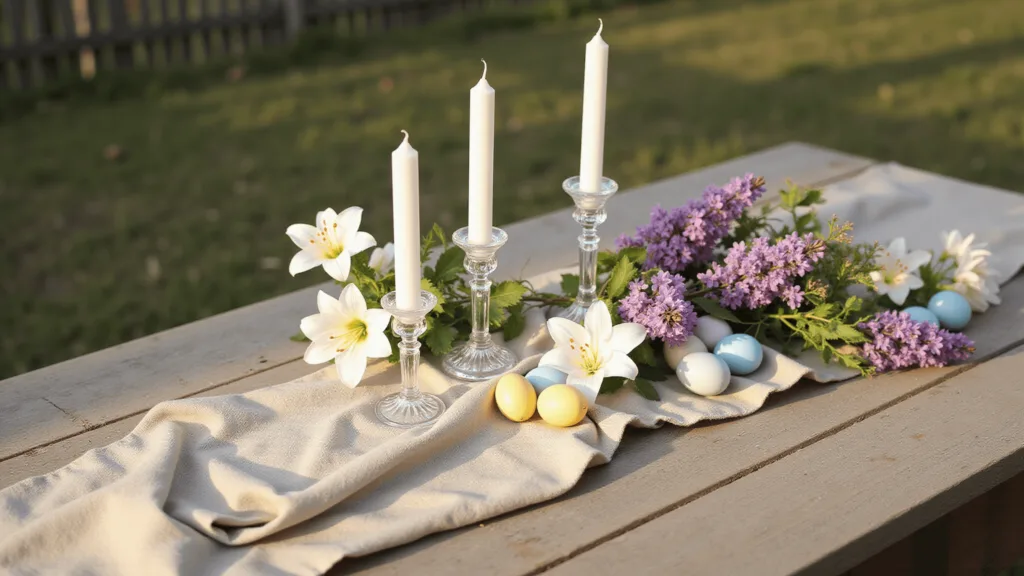 "Elegant Easter candle display with white tapered candles, fresh lilacs, Easter lilies, and egg-shaped votives on a rustic wooden table during golden hour"
