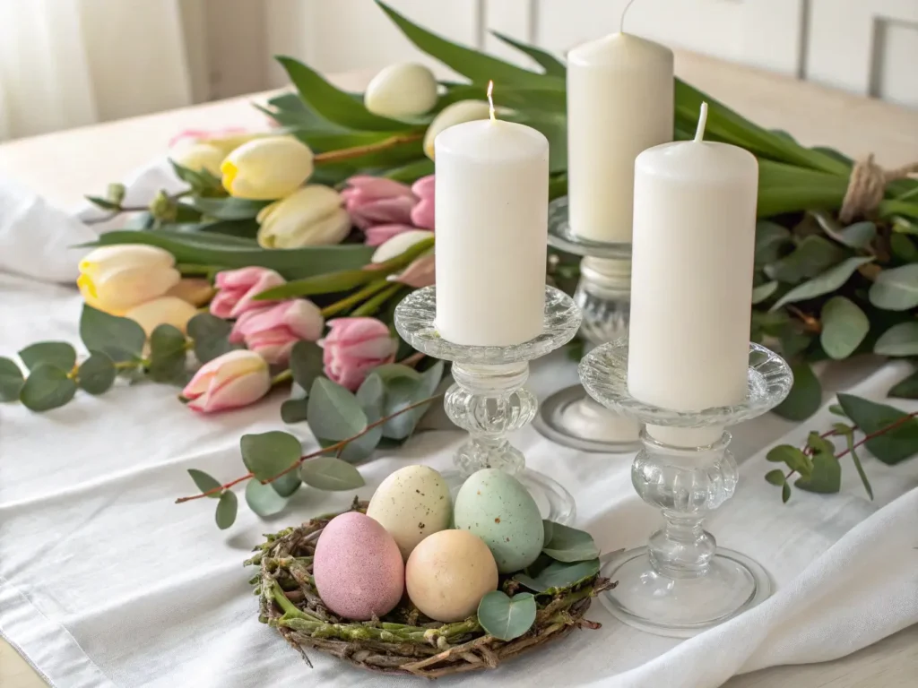 "Easter candle display with white pillar candles in crystal holders, pastel eggs, fresh tulips, eucalyptus garland on a white linen background in soft natural light"