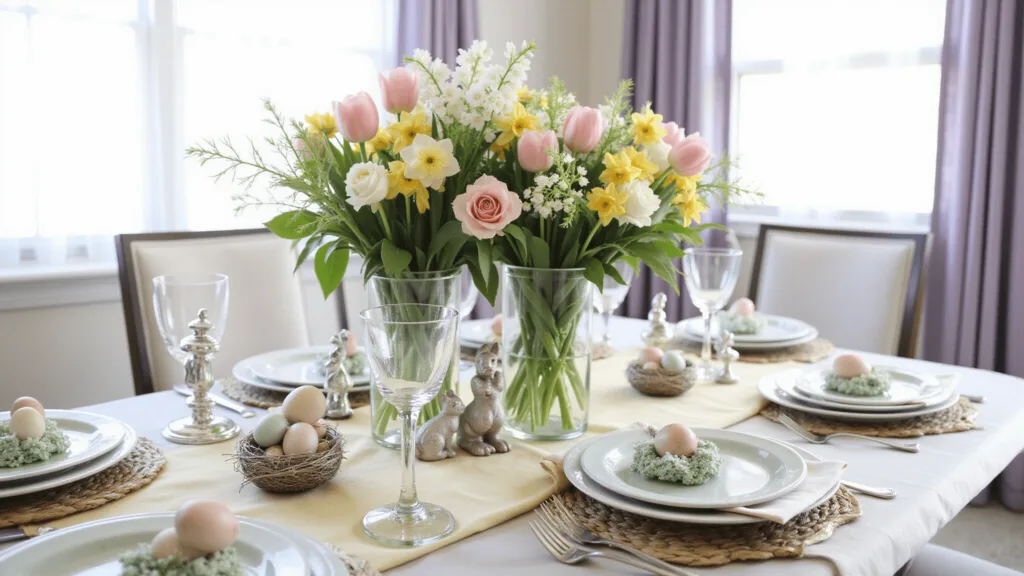 "Elegant Easter dining table setting with a pastel floral centerpiece, decorated eggs, vintage bunny figurines, and crystal glassware under soft natural light"