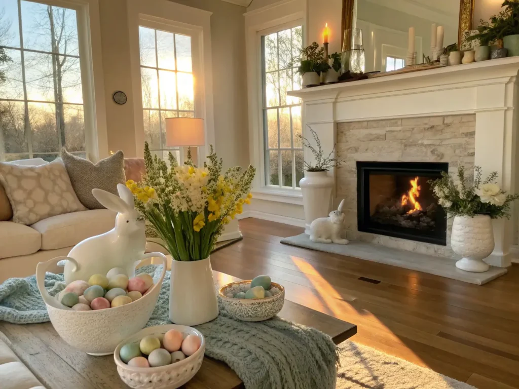 "Easter decorated farmhouse living room with a limestone fireplace, pastel decor, fresh flowers, and golden hour sunlight streaming through the tall windows onto oak floors"