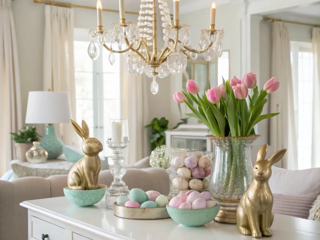 "Elegant Easter themed living room with pastel color palette, crystal chandelier, gold bunny figurines, tulips in vases, and egg decorations under glass cloches, lit by soft natural light."