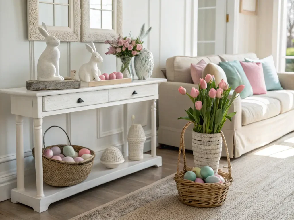 "Elegant Easter living room with cream sofa, pastel pillows, ceramic bunnies on white table, mercury vases with pink tulips, and basket of pastel eggs"