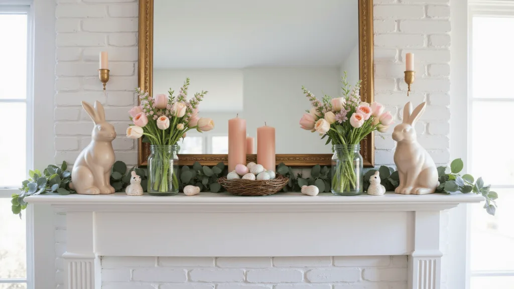 "Easter-themed fireplace mantel with pink candles, ceramic bunnies, tulip-filled vases, pastel eggs in nests, and gold accents against a white brick backdrop"