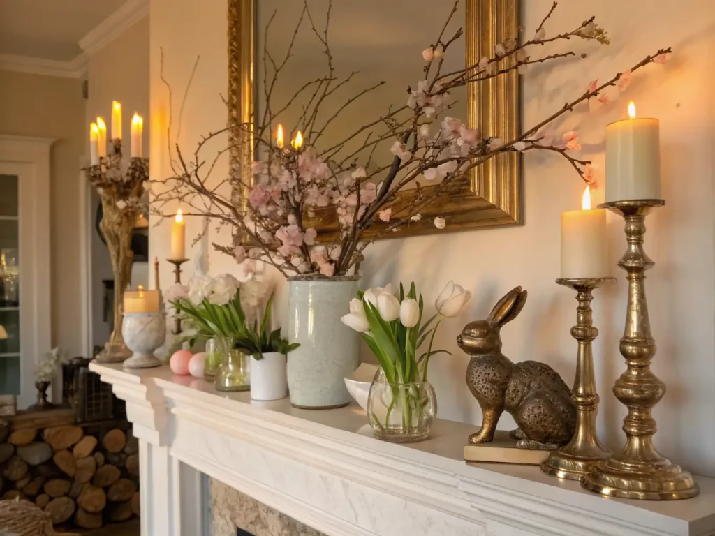 "Easter mantel display with mercury glass bunnies, cherry blossoms, pastel eggs, white tulips in milk glass, and brass candlesticks during golden hour"