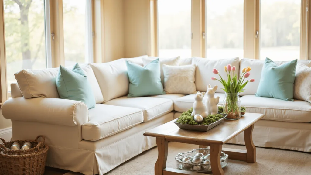 "Sunlit living room with pastel Easter decor, featuring a cream sofa with pastel pillows, white ceramic bunnies on a table with mercury glass eggs and tulips, and baskets filled with moss and metallic eggs"