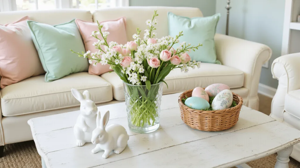 "Easter-decorated bright living room with cream sofa, pastel throw pillows, fresh tulips in crystal vase, ceramic bunnies, and Easter eggs in woven baskets on coffee table"
