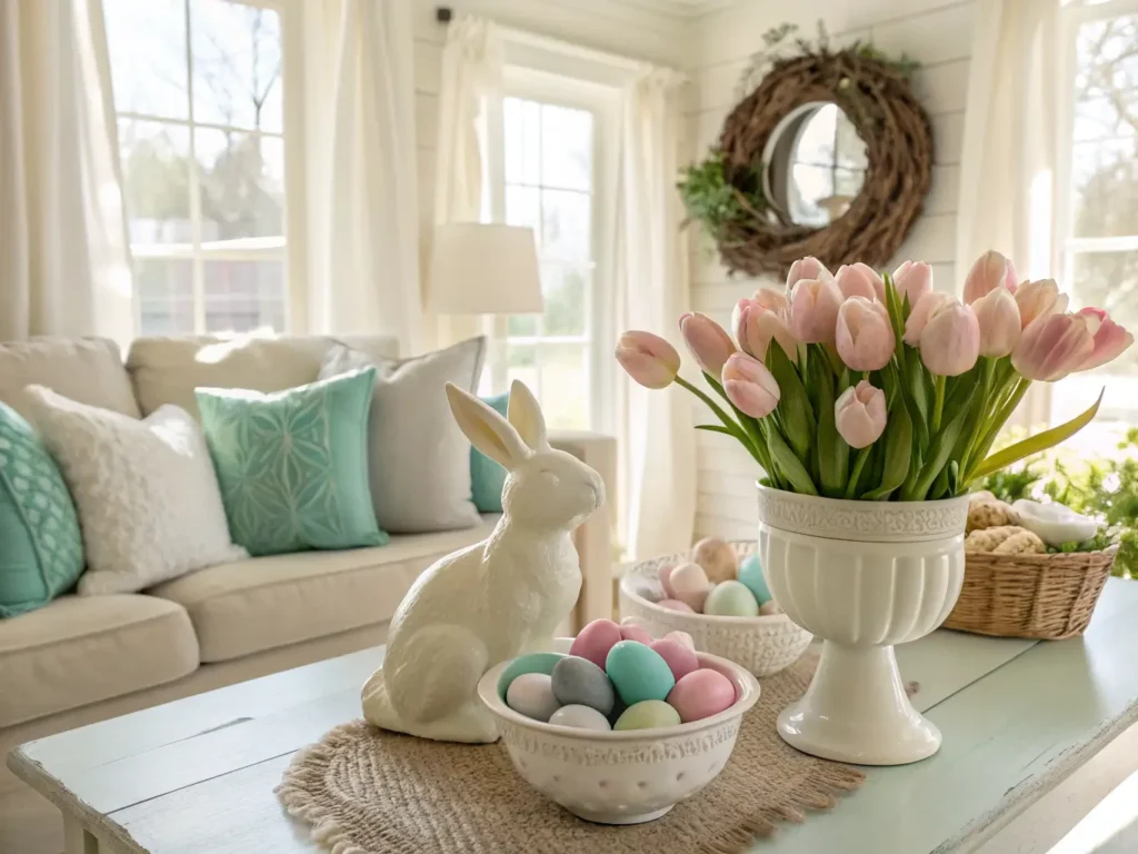 "Easter decorated living room with cream sofa, pastel eggs, pink tulips and vintage ceramic bunnies in golden hour lighting."