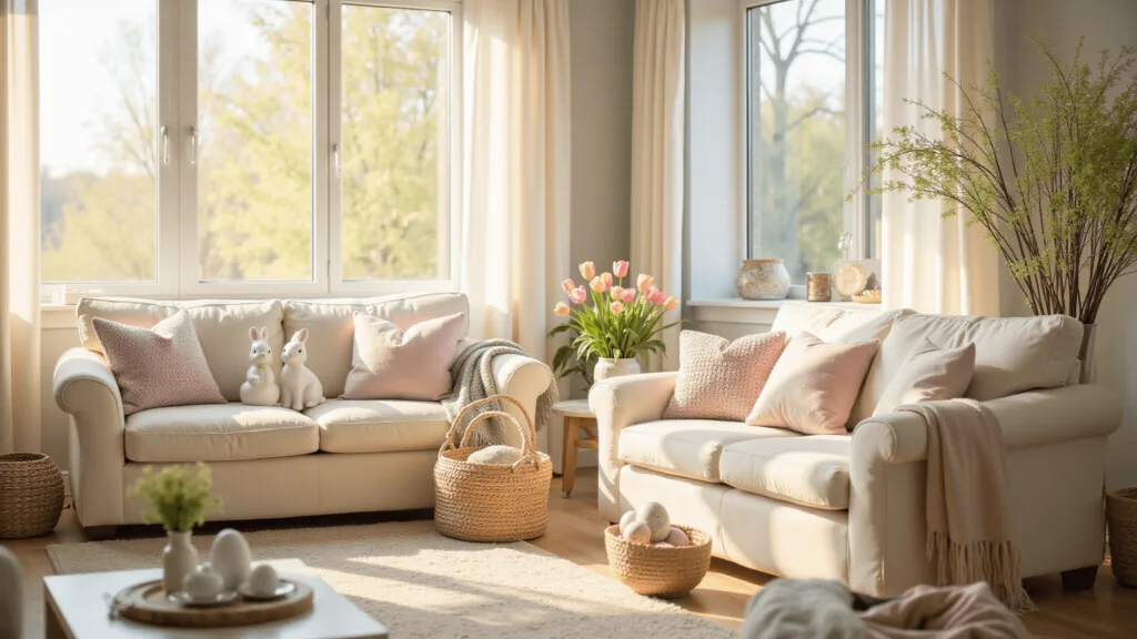 "Sunny living room with cream sofa, pastel Easter decorations, vintage eggs, and spring florals"
